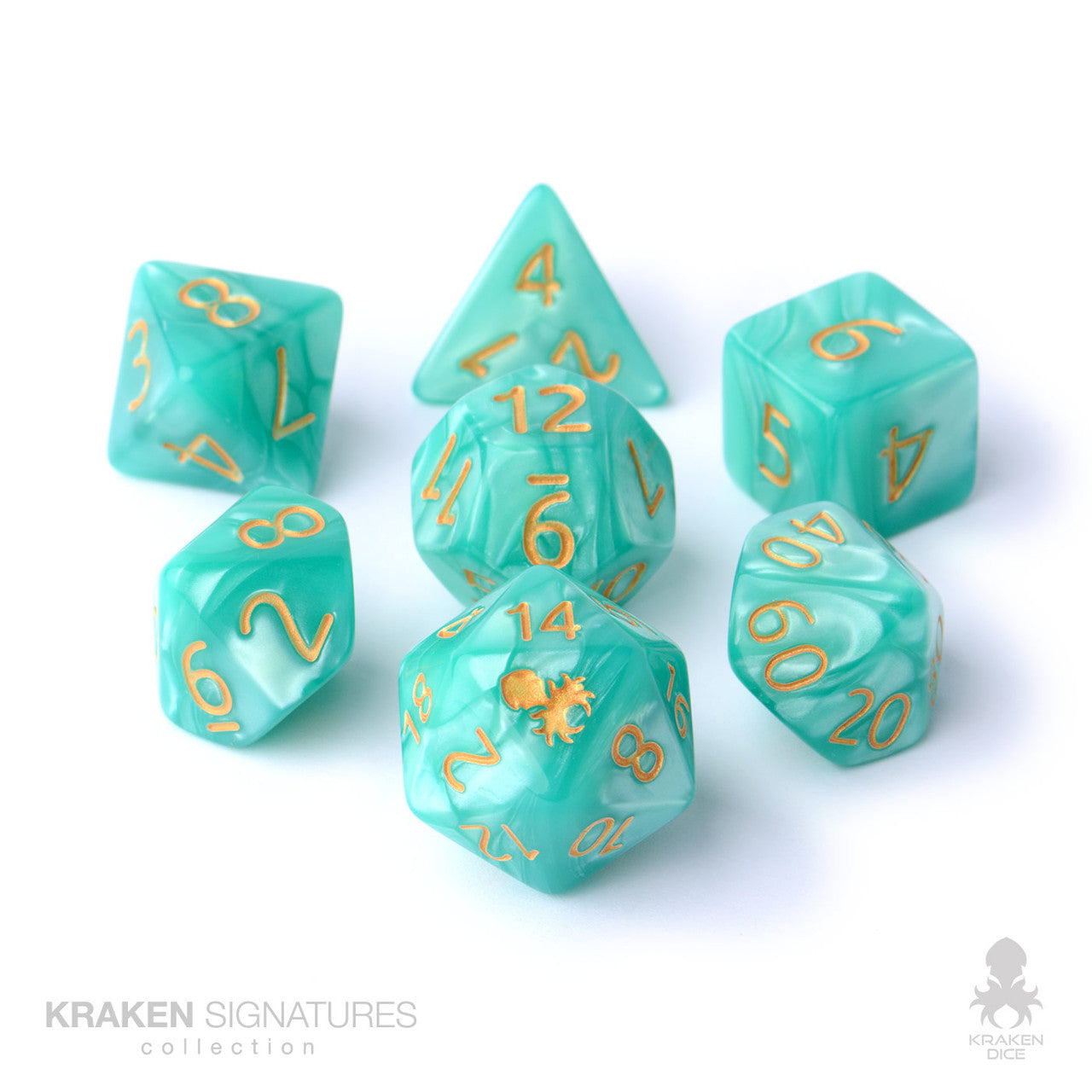 Kraken Signature's 11pc  Aqua with Gold Ink Polyhedral RPG Dice Set